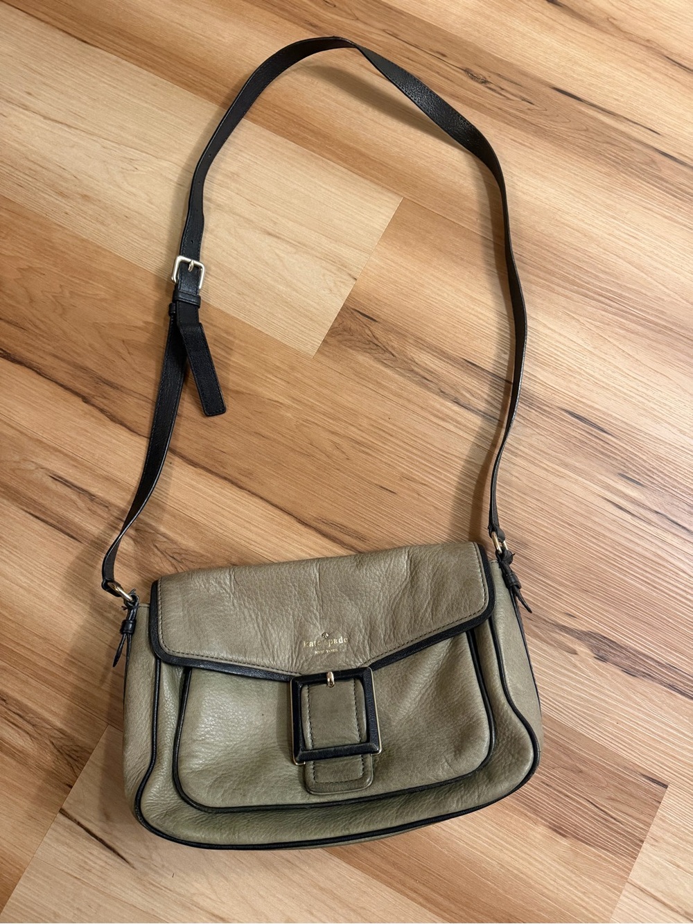 kate spade olive green and black leather crossbody with buckle detail